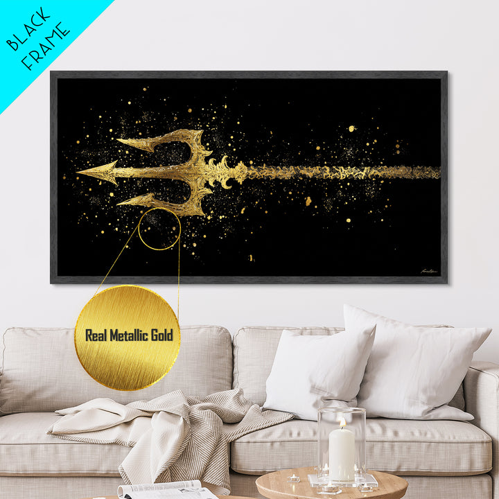Metallic Gold Art of Decorative Trident in Motion, Splatter Effect on Black Background, Wood Framed Map Wall Art for Nautical Themes