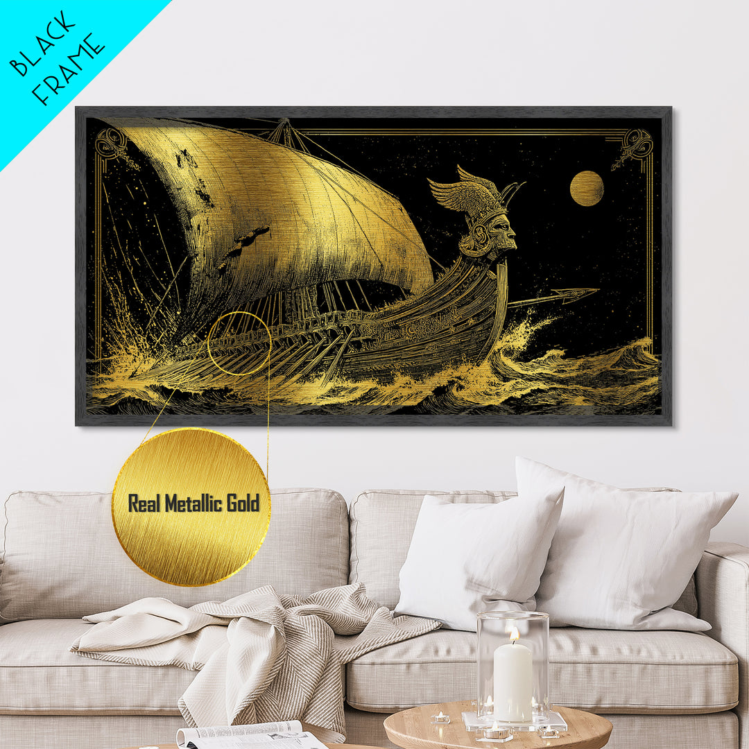 Metallic Gold Metal Print of Ancient Greek Warship at Sea, Detailed Engraving Style and Waves, Wood Framed Map Wall Art for History