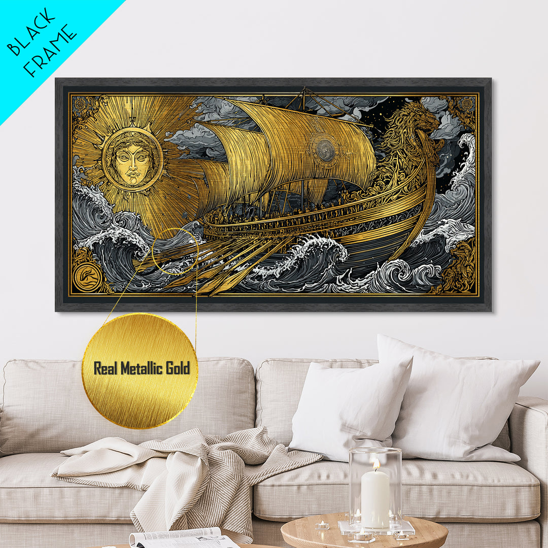 Metallic Gold Art of Sun and Ship Scene, Lion Figurehead and Ocean Waves, Detailed Decorative Style, Wood Framed Map Wall Décor