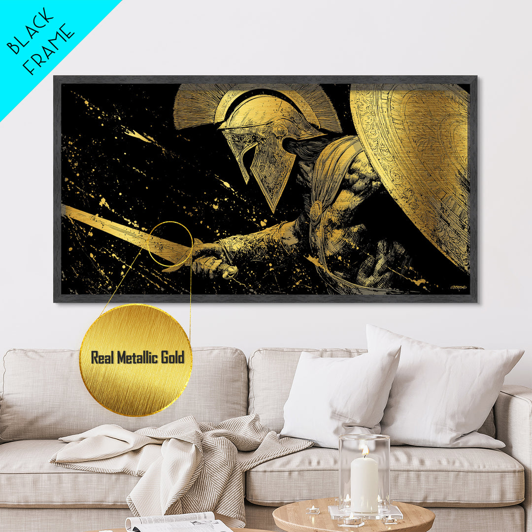 Metallic Gold Metal Print of Spartan Warrior in Battle Pose, Detailed Shield and Sword, Splatter Background, Wood Framed Map Wall Art