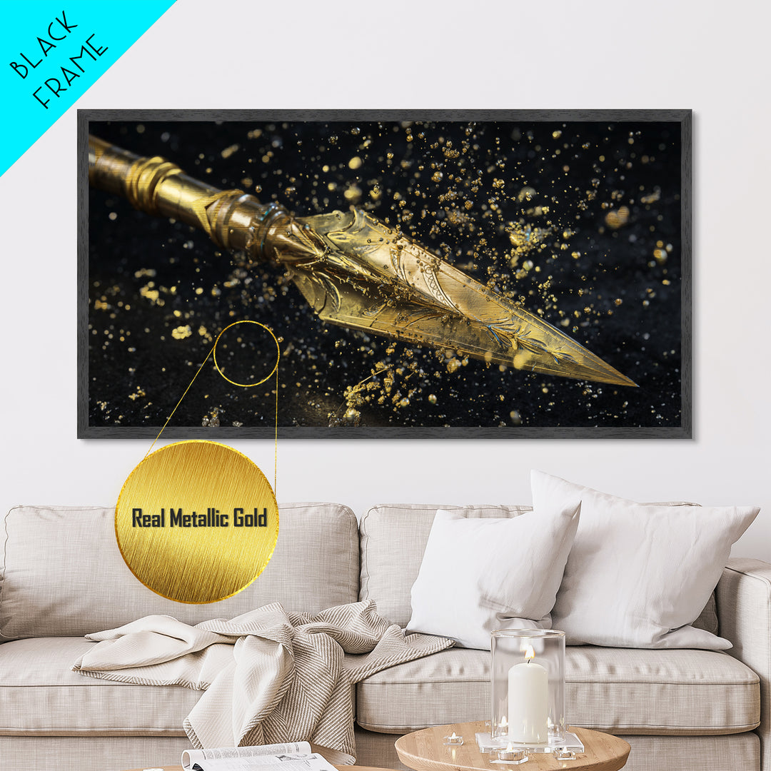 Ornate Golden Spearhead, Metallic Gold Art, Real Wood Frame, Close-Up Weapon Detail, Mythology Inspired Wall Decor