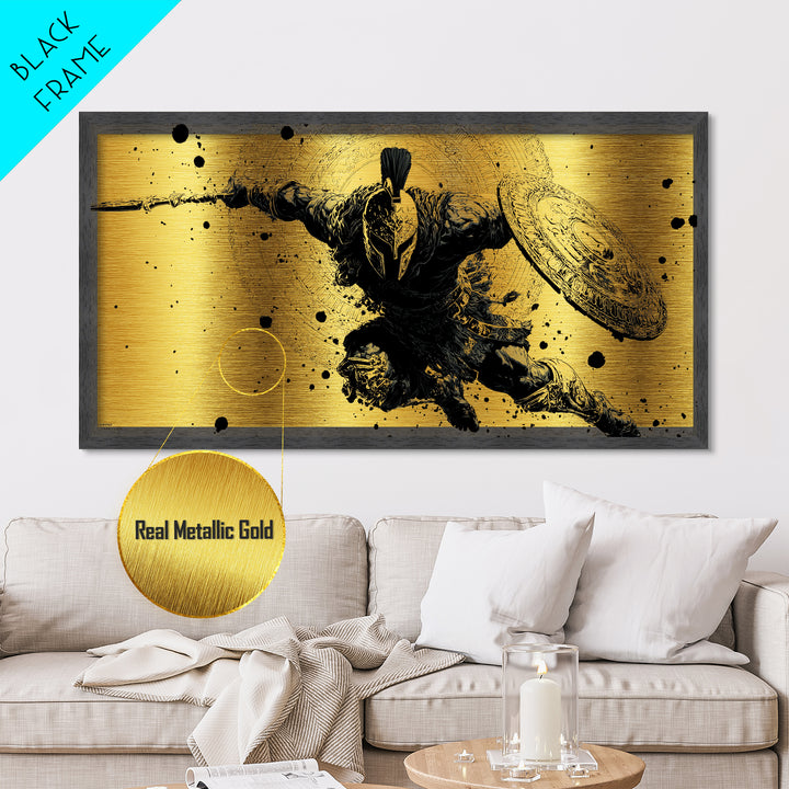 Metallic Gold Art of Spartan Soldier Leaping Forward with Spear and Shield, Decorative Armor and Mandala, Wood Framed Map Wall Décor