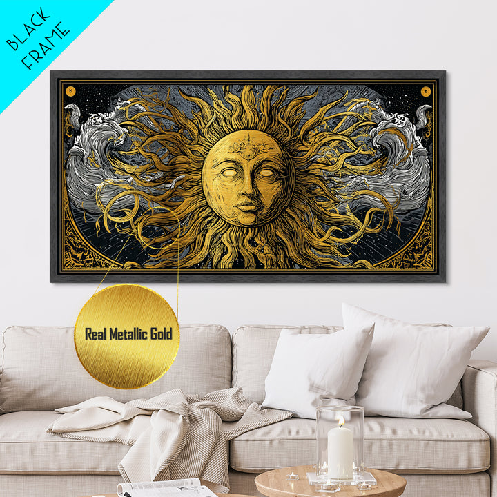 Metallic Gold Metal Print of Sun Face with Flowing Hair and Ocean Waves, Detailed Mythological Design, Wood Framed Map Wall Décor