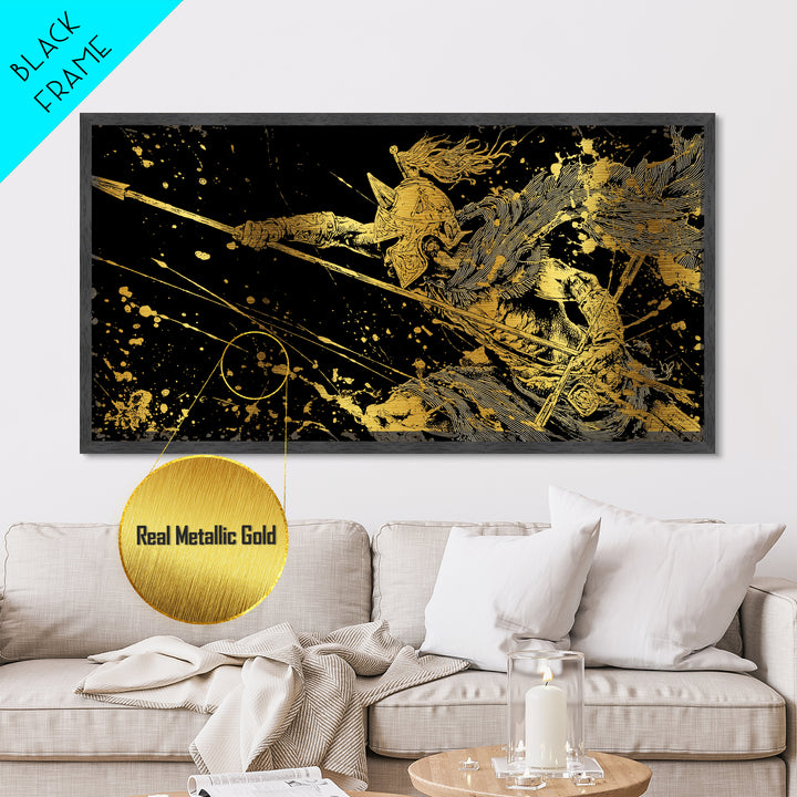 Metallic Gold Art of Warrior with Flowing Cape and Spear, Ornate Armor and Dynamic Battle Pose, Wood Framed Map Wall Art for History
