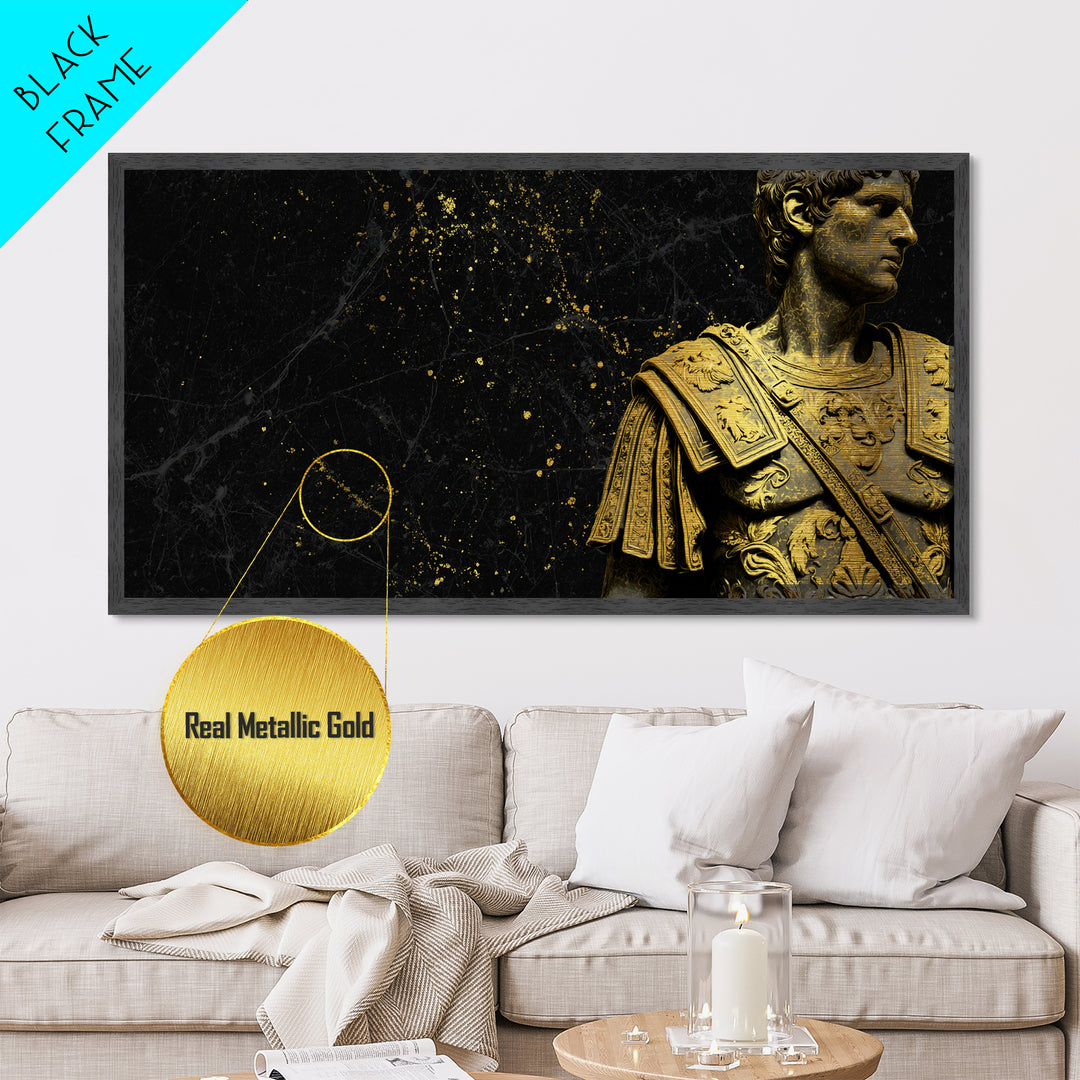 Ancient Roman Emperor Statue Metallic Gold Metal Print, Luxurious Black Marble Background, Classical Warrior Art, Regal Home Decor