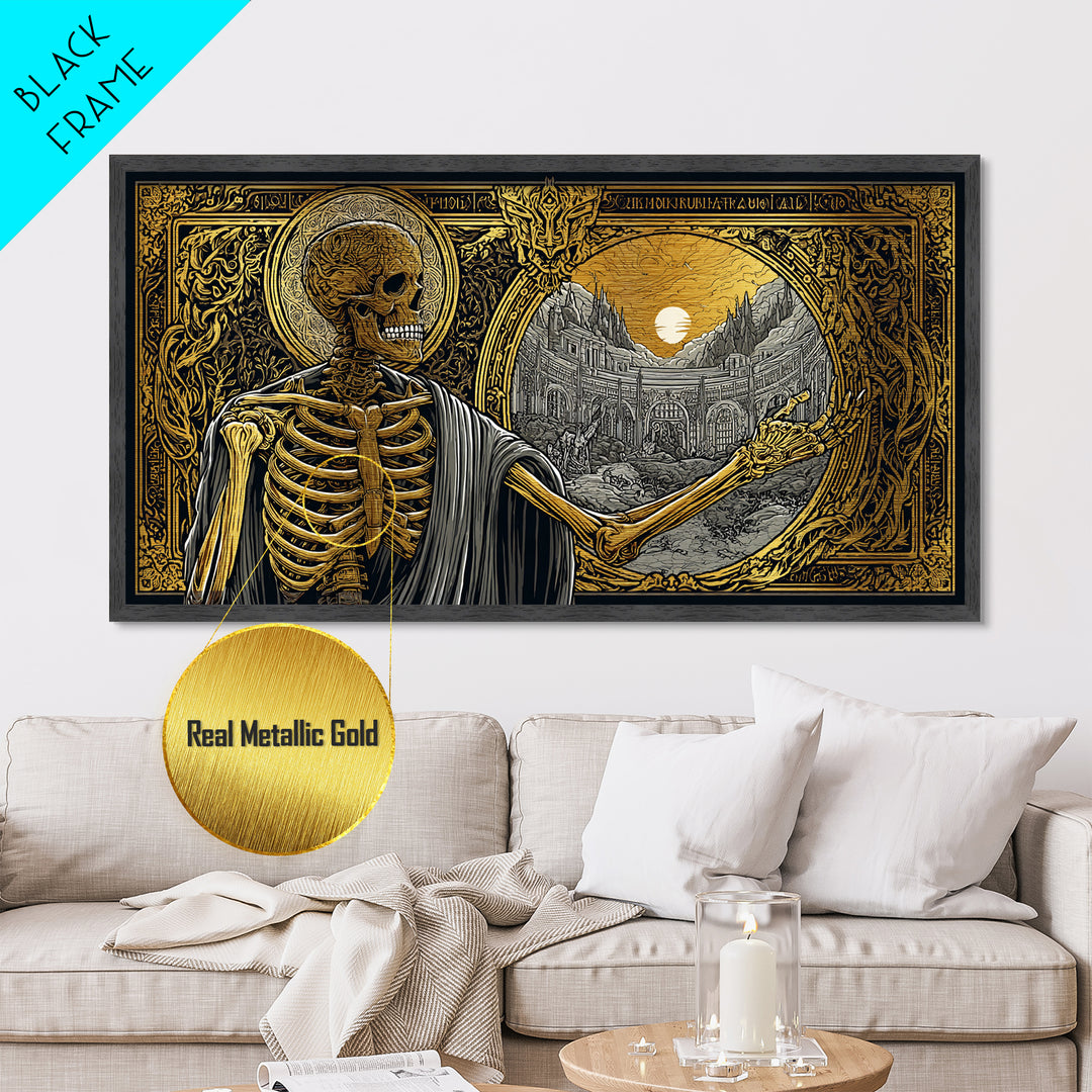 Skeleton Pointing to Ancient Arena Metallic Gold Art, Gothic Medieval Scene, Ornate Frame Design, Dark Fantasy Wall Decor