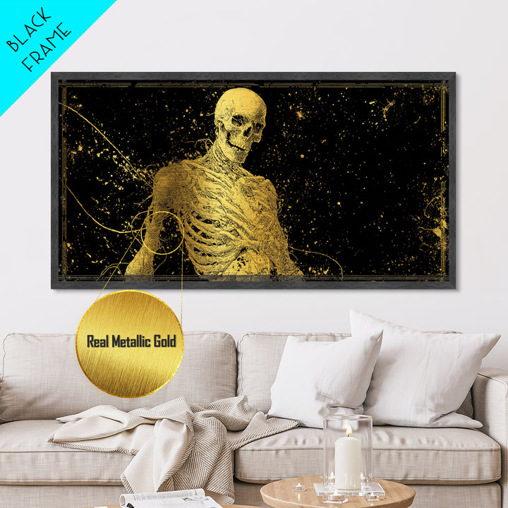 Golden Anatomical Skeleton on Black Starfield Metallic Gold Metal Print, Macabre Anatomy Illustration, Gothic Horror Home Art