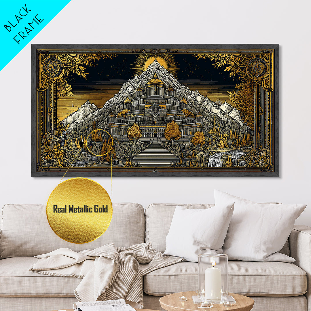 Mythical Mountain Fortress Metallic Gold Art, Grand Palace in Majestic Peaks, Fantasy Landscape Illustration, Epic Home Wall Decor