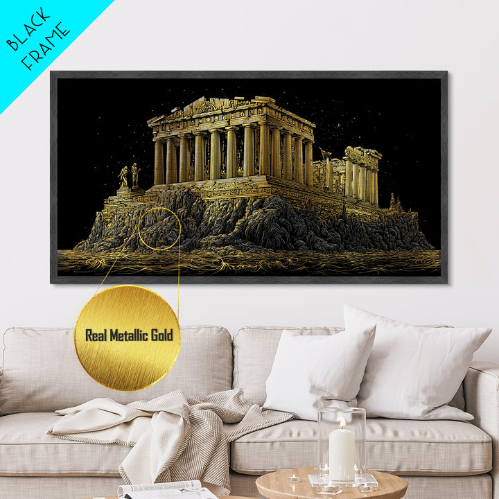 Ancient Greek Temple on Rocky Shore Metallic Gold Metal Print, Classical Architecture Illustration, Historic Landmark Wall Art