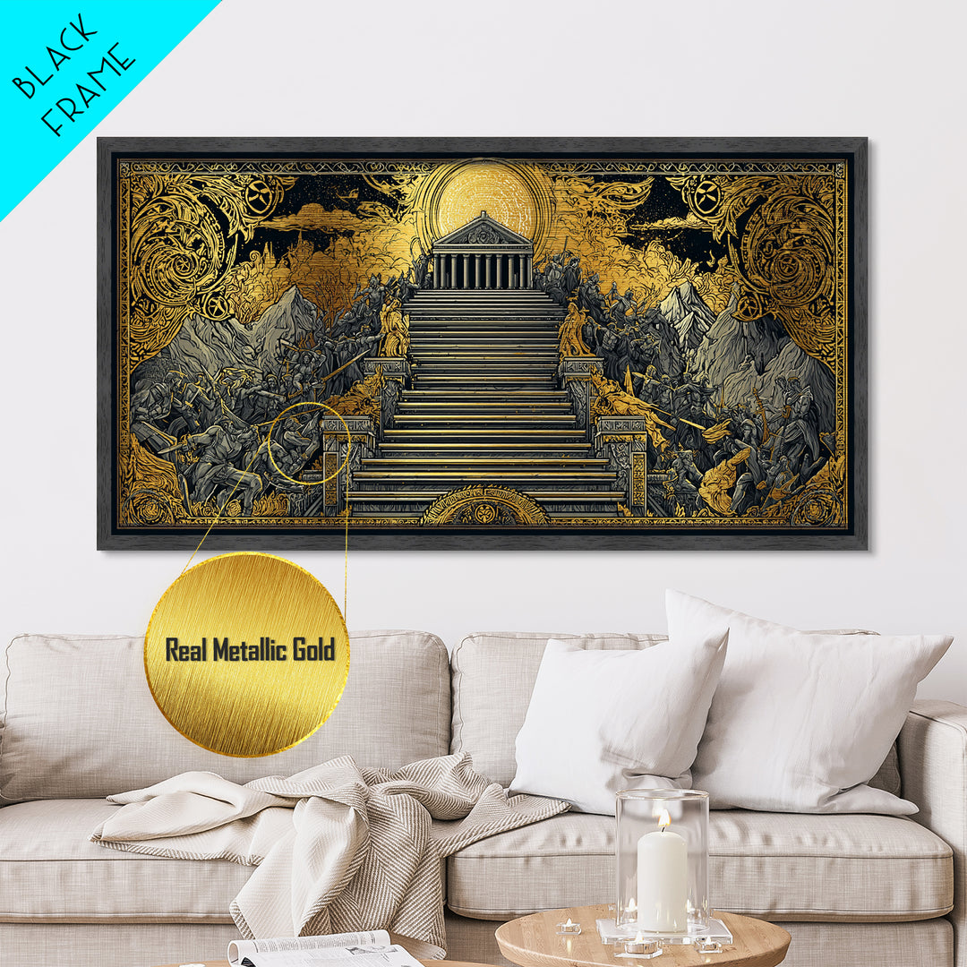 Mythic Battle at Temple Stairs Metallic Gold Art, Epic Fantasy Scene, Heroic Warriors and Gods, Dramatic Home Wall Decor