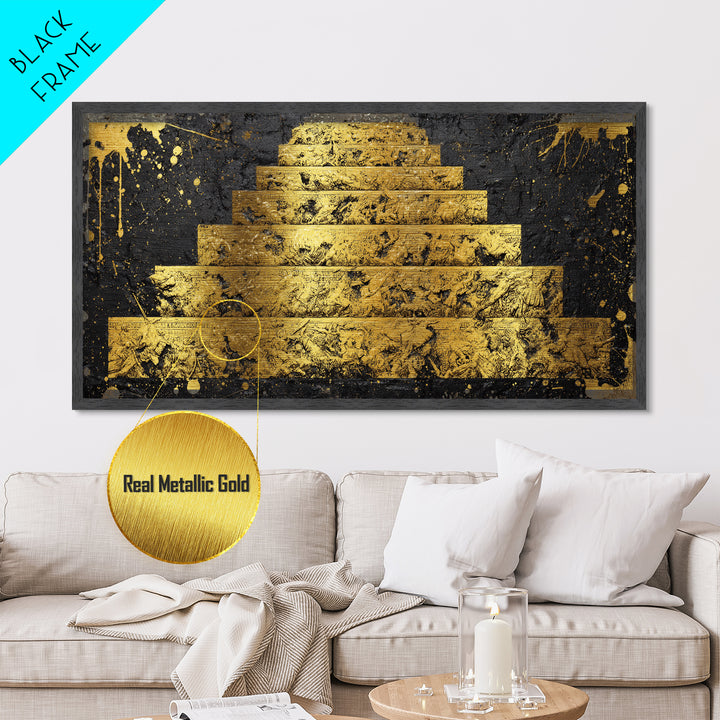 Ancient War Scene on Pyramid Steps Metallic Gold Metal Print, Historic Battle Relief Sculpture, Regal Classical Home Art
