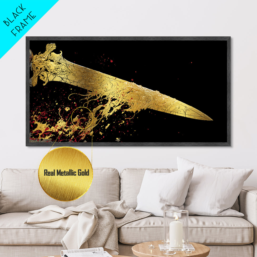 Golden Ornate Sword, Metallic Gold Metal Print, Real Wood Frame, Dramatic Fantasy Weapon Art, Mythology Wall Decor