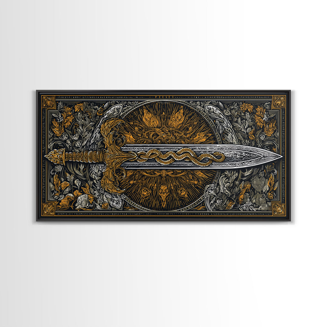 Intricate Sword with Serpent Design Gold Canvas Art, Fantasy Weapon Illustration, Ornate Blade Wall Decor for Collectors