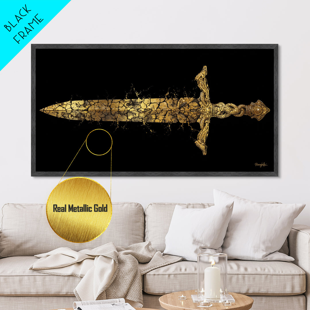 Cracked Ancient Sword Metallic Gold Metal Print, Legendary Fantasy Weapon, Weathered Epic Blade, Gothic Home Wall Art
