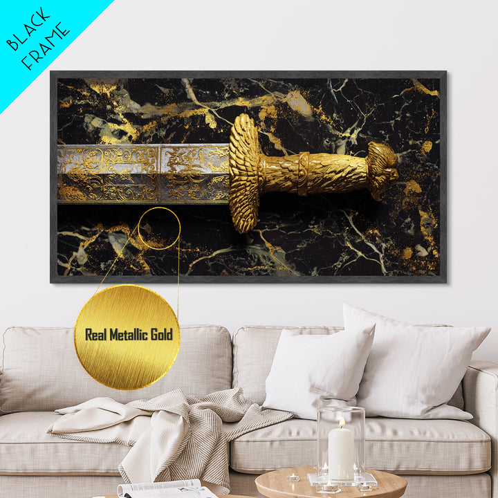 Golden Sword Hilt with Lion Design Metallic Gold Art, Ornate Weapon Photography, Luxurious Warrior Decor, Classical Battle Theme