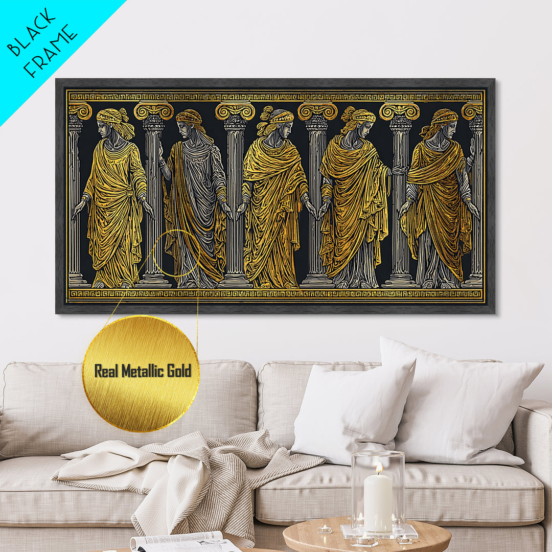 Ancient Greek Caryatid Columns, Detailed Architecture Wall Decor, Metallic Gold Metal Print, Classical Sculpture Artwork