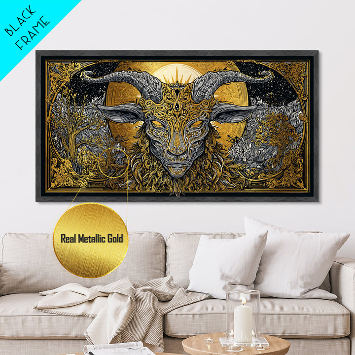 Mythical Goat Head Artwork, Intricate Horned Beast Design, Metallic Gold Art, Fantasy Wall Decor, Dark Gothic Illustration