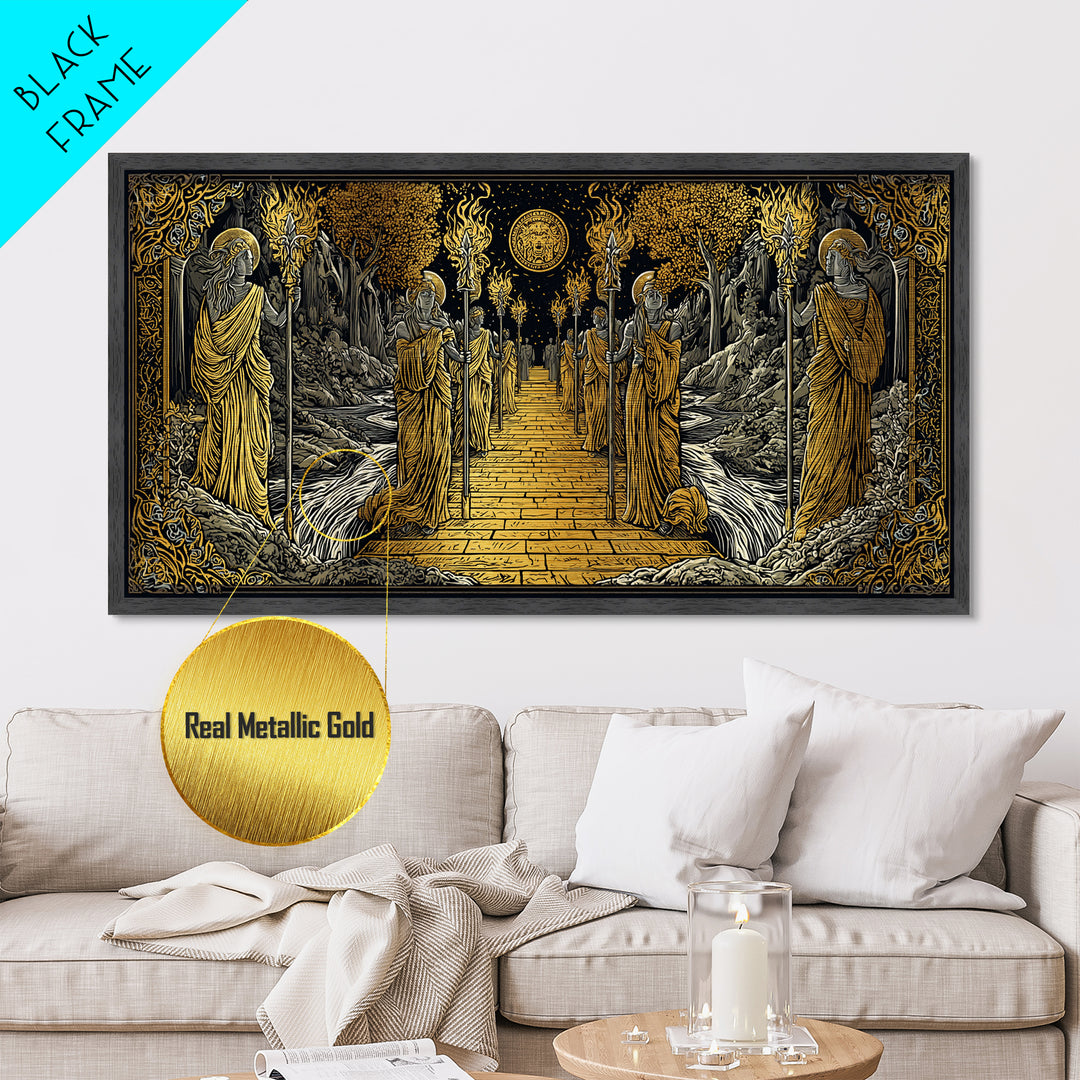 Greek Torchbearer Pathway Scene, Mythic Procession Illustration, Metallic Gold Art, Ancient Greece Wall Decor, Temple Artwork