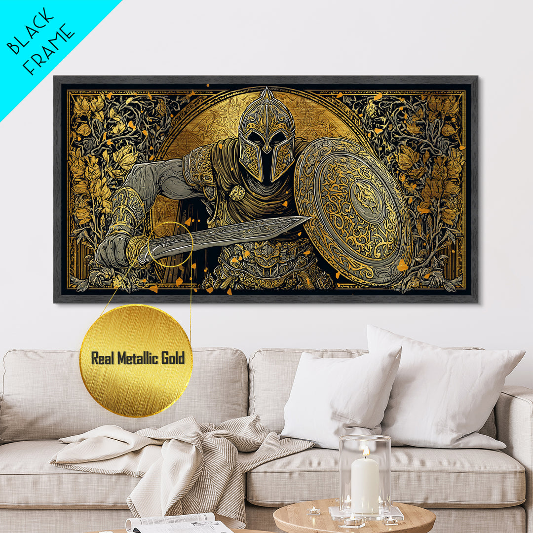 Ancient Greek Warrior With Sword And Shield, Intricate Armor Design, Metallic Gold Metal Print, Classical Battle Wall Art