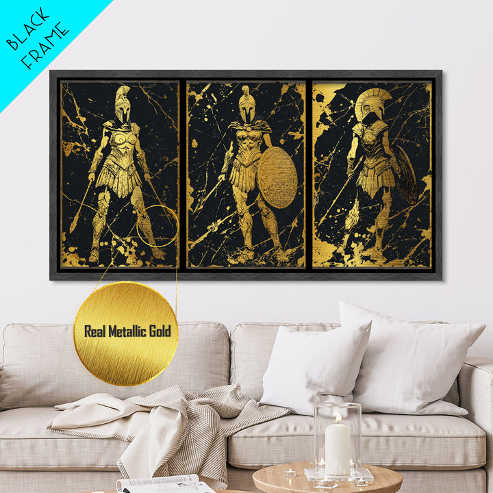 Greek Warrior Triptych Print, Spartan Female Soldiers Artwork, Metallic Gold Art, Ancient Greece Wall Decor, Mythic Battle Scene