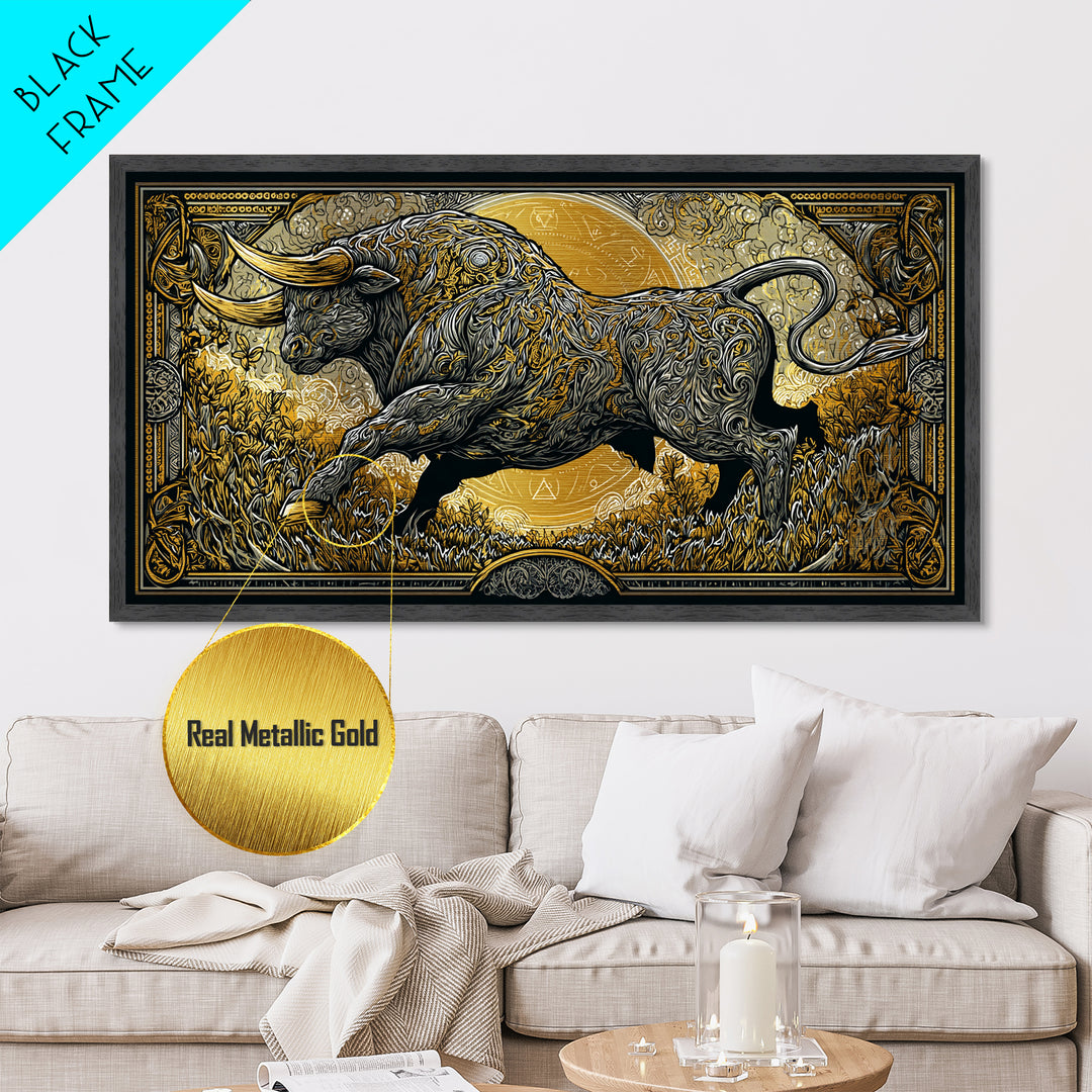 Golden Bull In Ornate Frame, Metallic Gold Art, Real Wood Frame, Symbolic Animal Wall Decor, Strength And Power