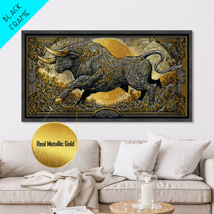 Golden Bull In Ornate Frame, Metallic Gold Art, Real Wood Frame, Symbolic Animal Wall Decor, Strength And Power