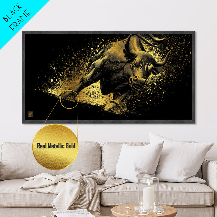 Charging Golden Bull, Metallic Gold Metal Print, Real Wood Frame, Dynamic Animal Wall Art, Powerful Bull Illustration