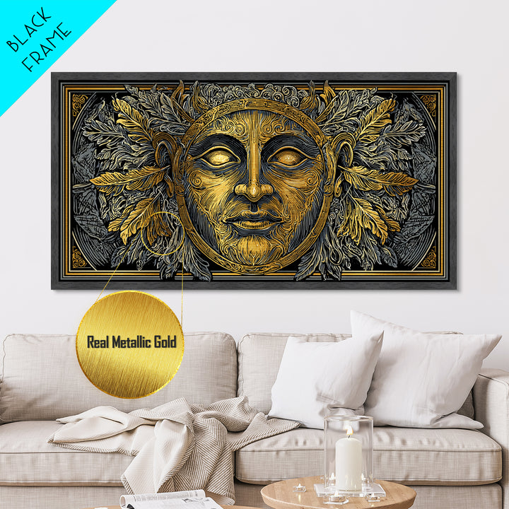 Mythic Sun God Face Artwork, Ornate Leaf And Feather Design, Metallic Gold Metal Print, Ancient Greece Wall Decor, Celestial Art
