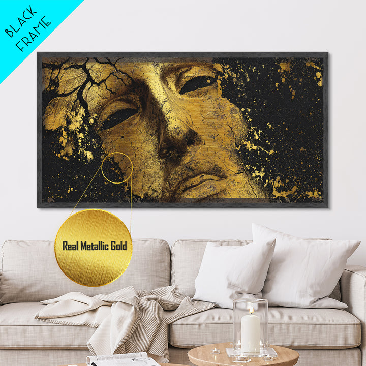 Cracked Golden Face Sculpture, Ancient Greek Mask Artwork, Metallic Gold Art, Classical Wall Decoration, Timeless Antiquity Print