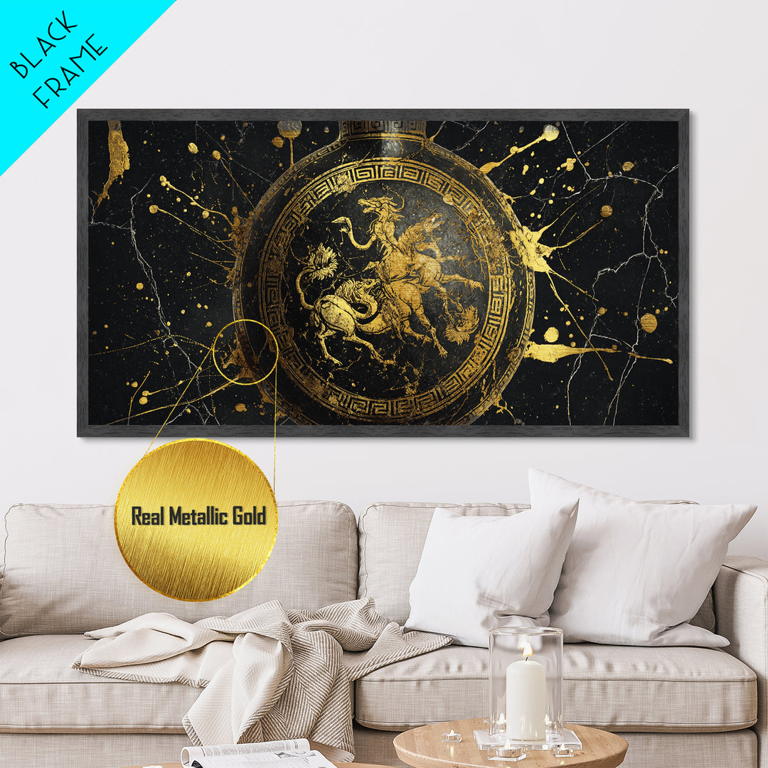 Greek Amphora Mythological Battle Scene, Metallic Gold Art, Ancient Greek Pottery Design, Classic Museum Style Wall Decor Print