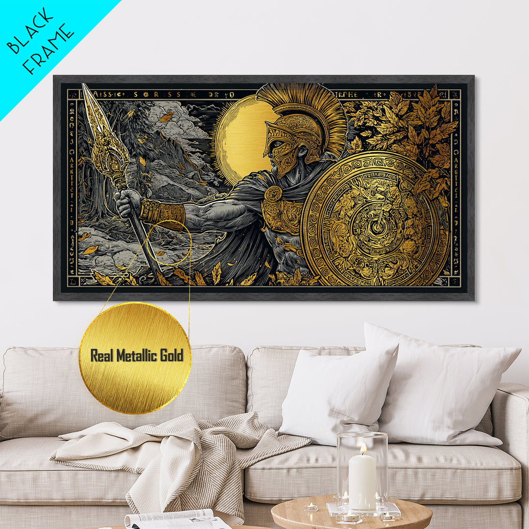 Ares Greek Warrior God With Spear And Shield, Metallic Gold Art, Heroic Mythological Wall Decor, Luxury Classical Home Accent
