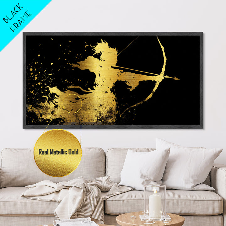Artemis Greek Huntress Goddess Silhouette, Metallic Gold Metal Print, Moonlit Mythology Wall Art, Elegant Classic Home Design