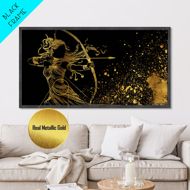 Artemis Greek Goddess Archer Silhouette, Metallic Gold Art, Celestial Mythology Wall Decor, Elegant Classical Home Accent Piece