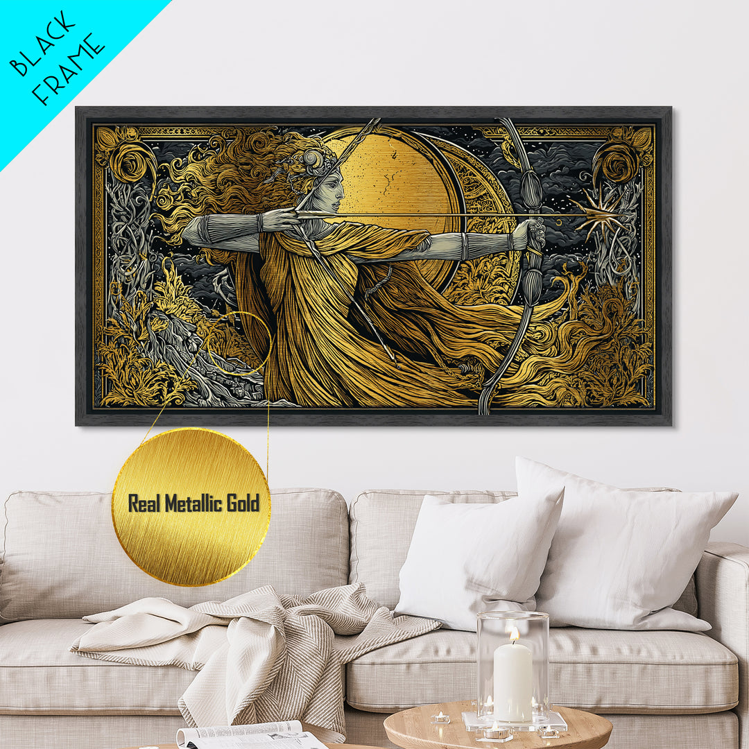 Artemis Goddess Archer With Golden Moon, Metallic Gold Metal Print, Greek Mythology Wall Art, Classic Elegant Home Decor Piece