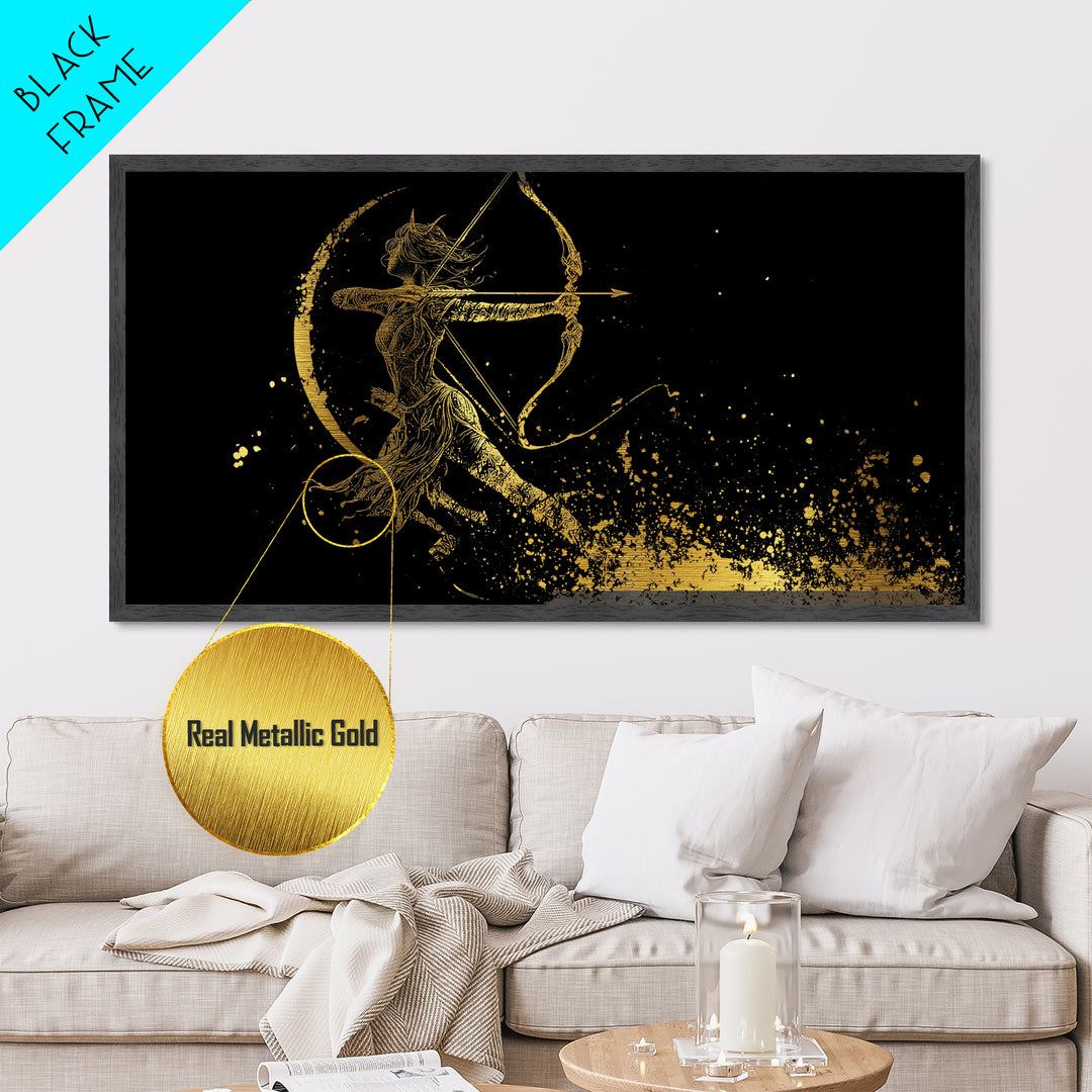 Metallic Gold Art Of Artemis Greek Goddess Archer, Black Background, Elegant Moon And Bow Design, Panoramic Mythology Wall Art