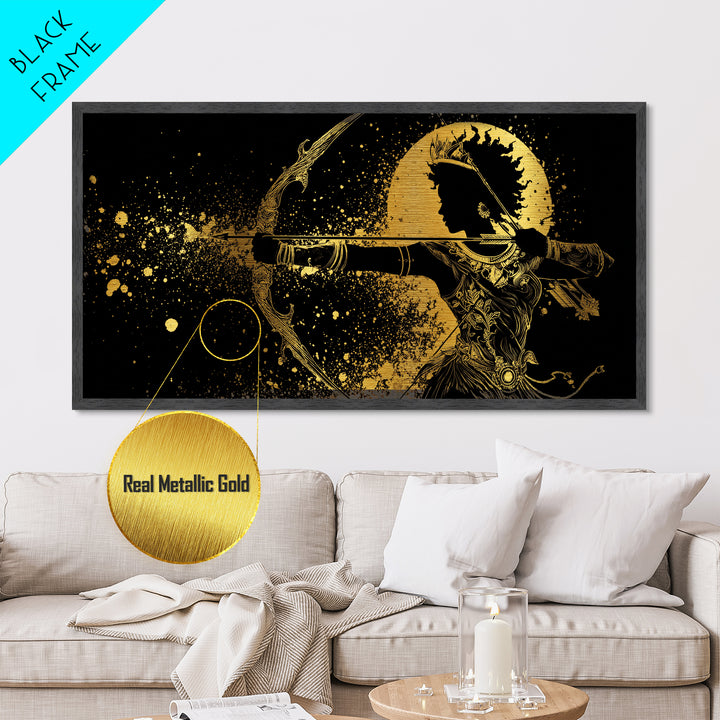 Metallic Gold Metal Print Of Artemis Greek Goddess Archer, Regal Profile, Detailed Bow And Arrow, Panoramic Fantasy Wall Decor
