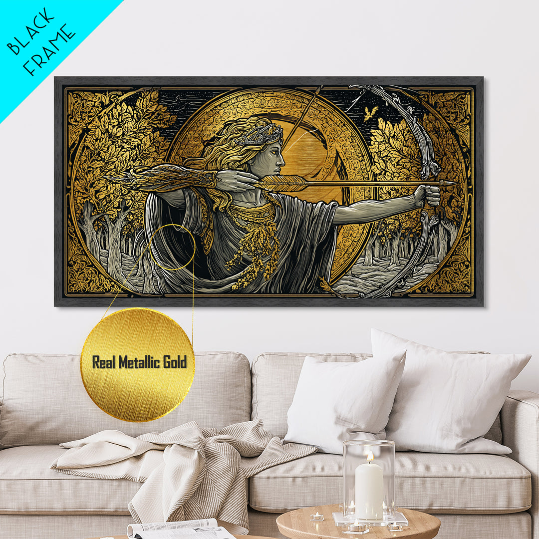 Metallic Gold Art Of Artemis Greek Goddess Archer, Classical Ornate Frame, Mythological Forest Scene, Panoramic Greek Wall Print