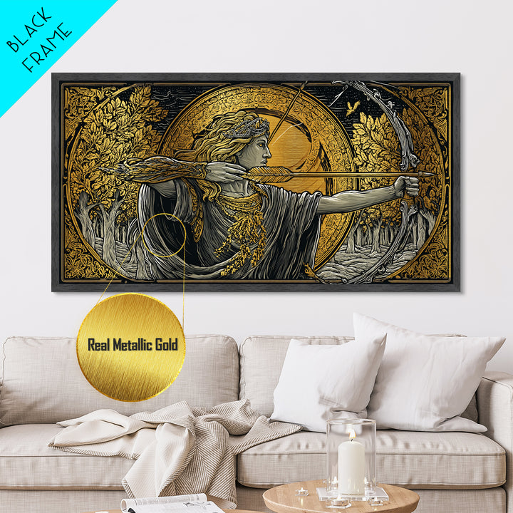 Metallic Gold Art Of Artemis Greek Goddess Archer, Classical Ornate Frame, Mythological Forest Scene, Panoramic Greek Wall Print