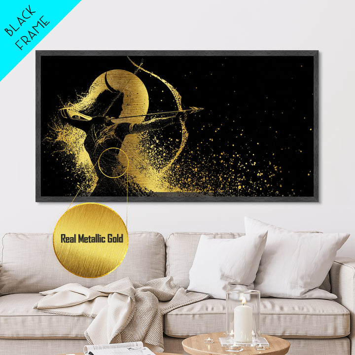 Metallic Gold Metal Print Of Artemis Greek Goddess Archer, Full Moon Silhouette, Gold Splatter Effect, Panoramic Elegant Wall Art