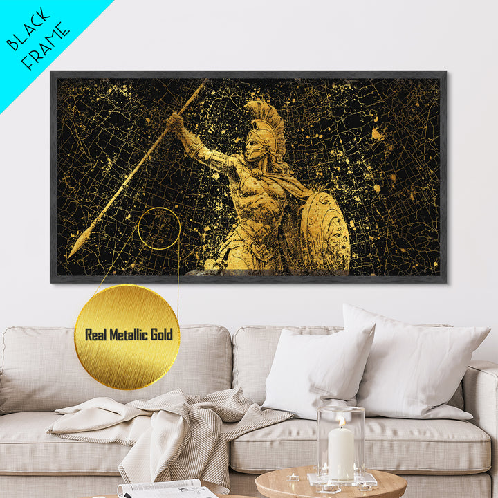 Metallic Gold Art Of Athena Greek Goddess Warrior, Ancient Greek Armor And Spear, Gold Splatter Mosaic, Panoramic Battle Wall Print