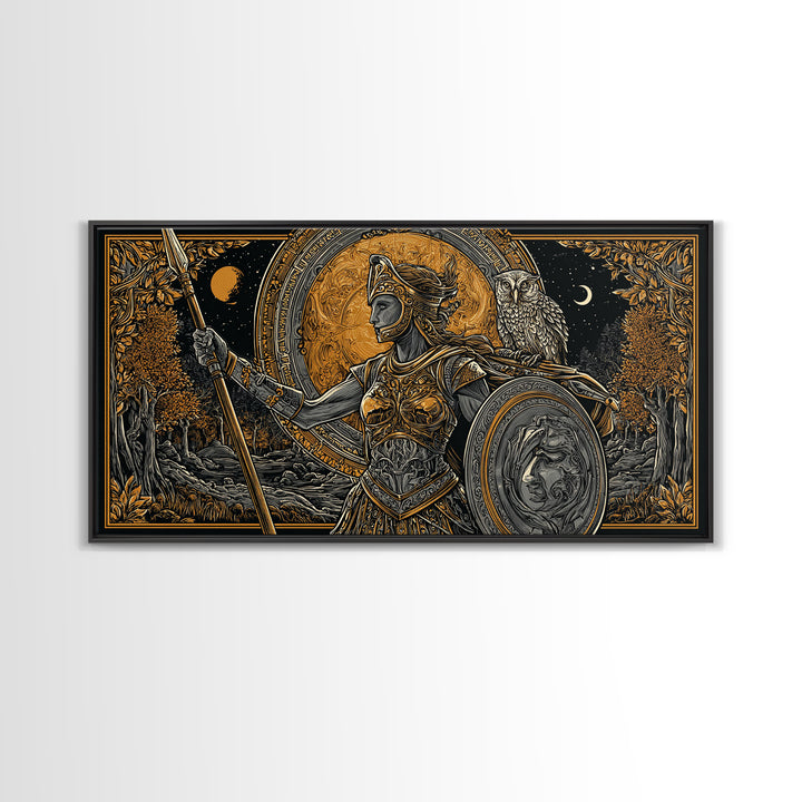 Gold Canvas Print Of Athena Greek Goddess Warrior, Ornate Armor And Owl, Mythology Forest Scene, Panoramic Greek Wall Decor