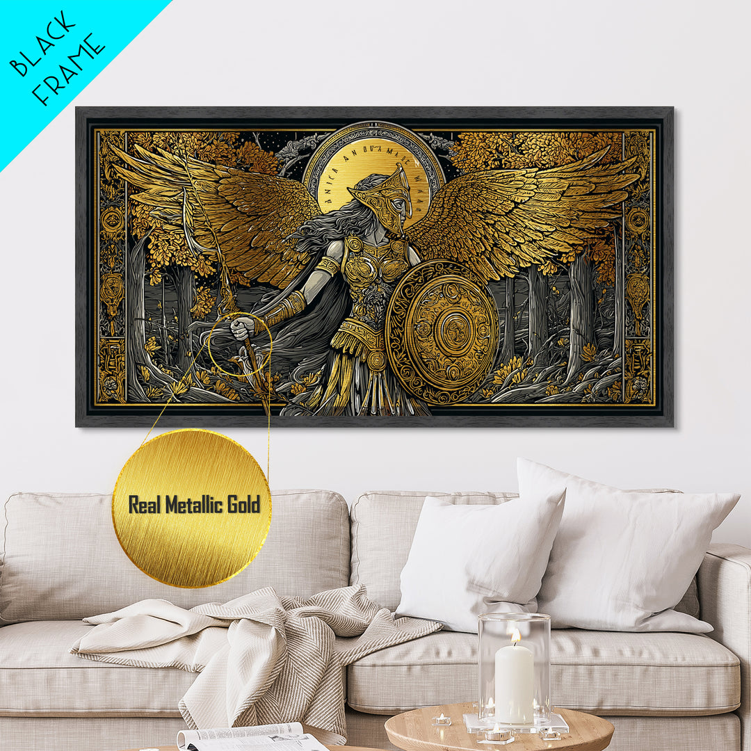 Metallic Gold Art Of Athena Greek Goddess Warrior With Wings, Detailed Shield And Spear, Golden Forest Scene, Panoramic Wall Print