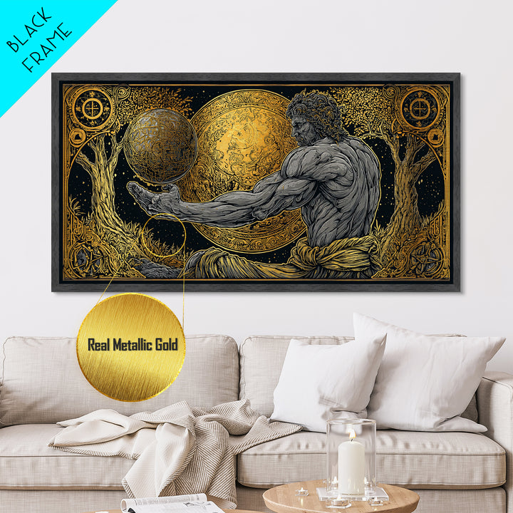 Metallic Gold Metal Print Of Atlas Greek Titan Holding Celestial Sphere, Mythology Cosmic Scene, Panoramic Detailed Greek Wall Art