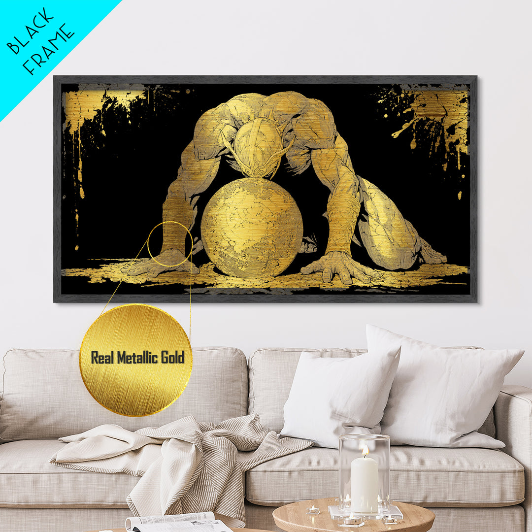 Metallic Gold Art Of Atlas Greek Titan Bearing The World, Gold Crackle Effect, Mythology Strength Scene, Panoramic Ancient Wall Print