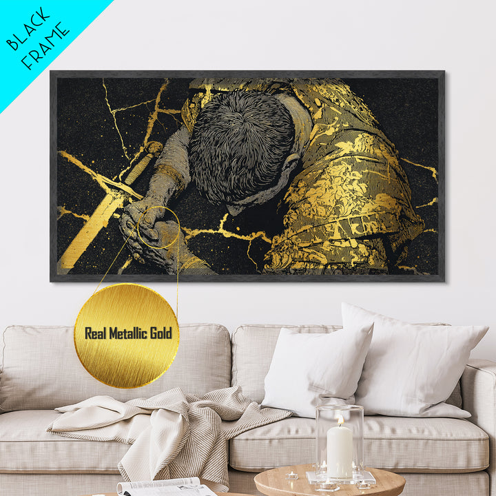 Metallic Gold Metal Print Of Cassius Greek Warrior Kneeling With Sword, Gold Crackle Armor Detail, Panoramic Mythology Wall Artwork