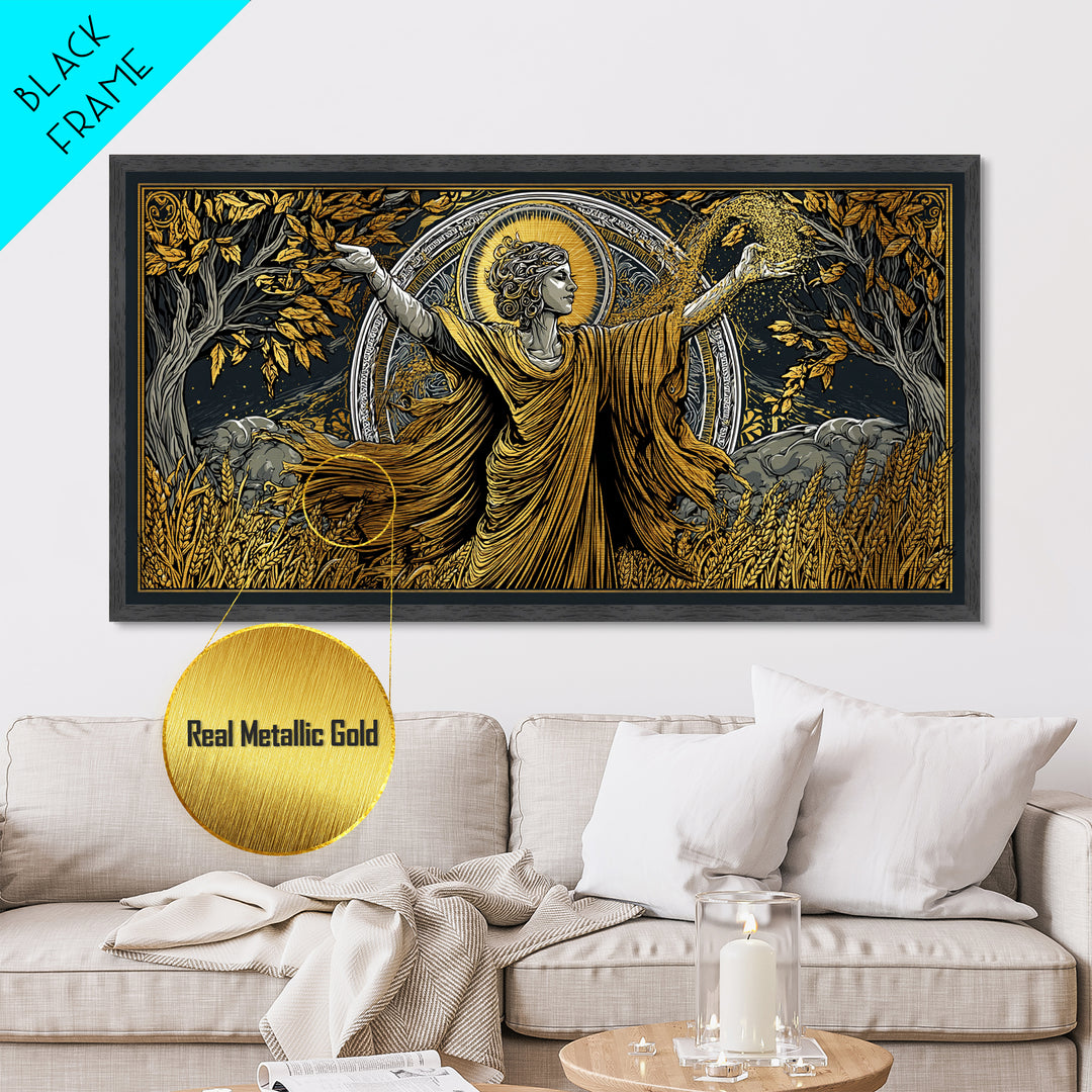 Metallic Gold Art, Demeter Goddess of Harvest, Greek Mythology Wall Decor, Ancient Agriculture Theme, Black and Gold Metal Artwork