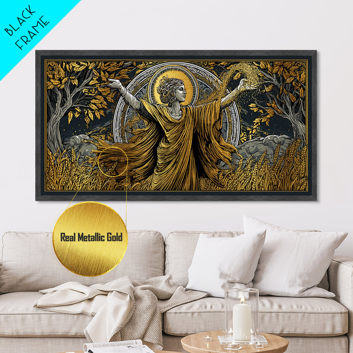 Metallic Gold Art, Demeter Goddess of Harvest, Greek Mythology Wall Decor, Ancient Agriculture Theme, Black and Gold Metal Artwork