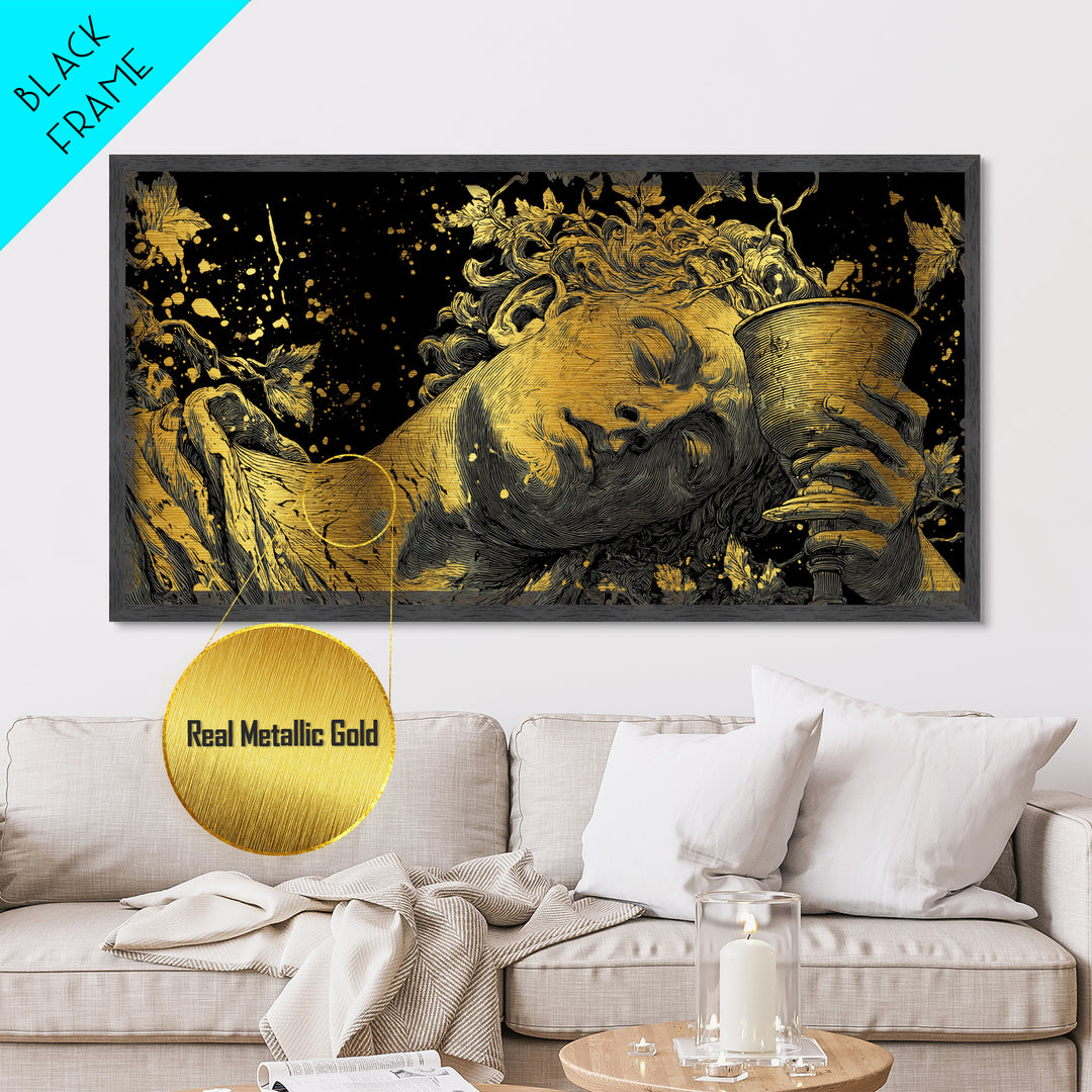 Metallic Gold Metal Print, Dionysus God of Wine, Greek Mythology Art, Ancient Feast Celebration, Black and Gold Decorative Artwork