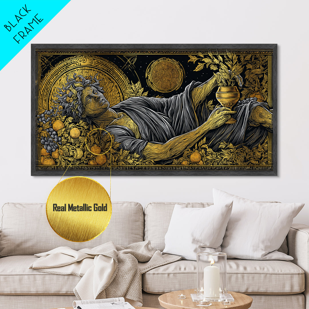 Metallic Gold Art, Dionysus God of Revelry, Greek Mythology Wall Art, Bacchus Celebration Scene, Black and Gold Luxury Metal Print