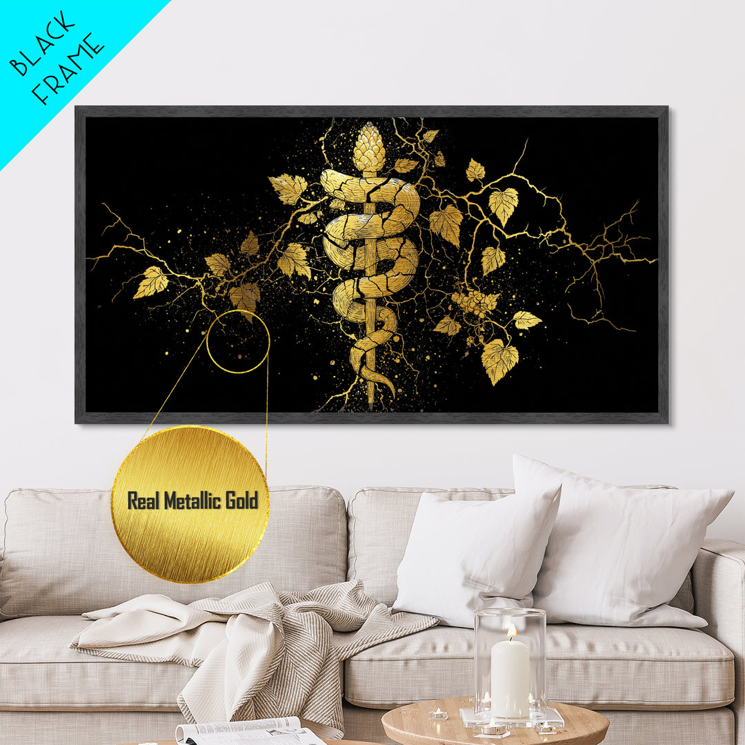 Metallic Gold Metal Print, Dionysus with Grapes, Greek God of Wine Wall Decor, Ancient Myth Celebration Art, Black and Gold Artwork